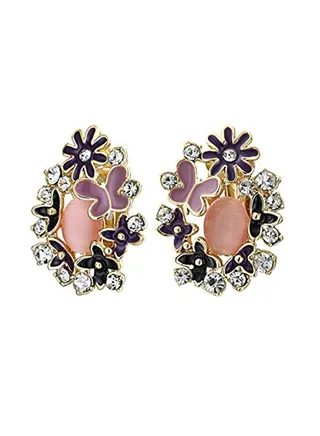 Gold Plated Butterflies Flower Cats Eye Garden Clip On Earrings 