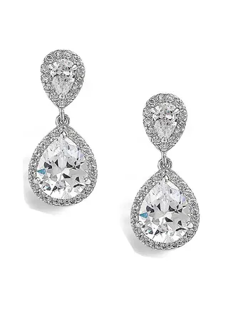 Rhodium Plated Brass Teardrop Clip On Dangle Earrings With Cubic Zirconia 