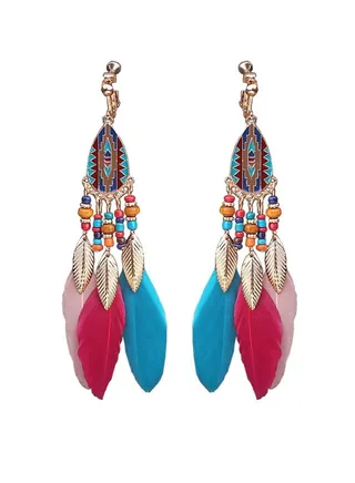 1 Pair Fringe Feather Earrings with Beads, Long Retro Bohemian Leaf Pendant Ear Clips, Stylish Fashion Piercing-Free Earrings for Women Girl 