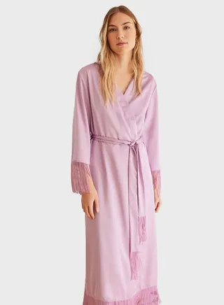 Long Lilac Fringed Satin Robe 