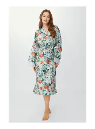 Botanical Floral Woven Long Wrap W Trim 