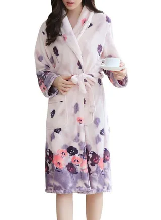 Floral Printed Pocketed Robe White/Purple/Pink 