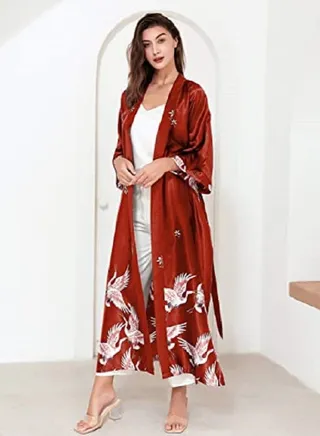 Women Kimono Robe Dressing Gown Crane and Blossoms Sleep Lounge Night Wear 