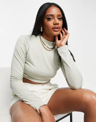 Public Desire double layer slinky long sleeve crop top in light sage