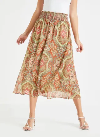 Retro Printed Skirt Red/Green/Brown 