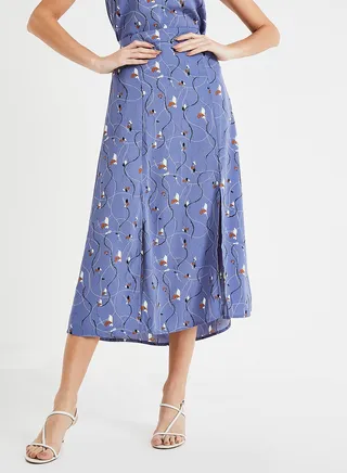 Printed Front Slit Skirt Blue 
