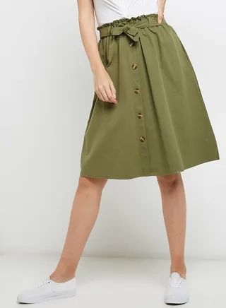 Paperbag Waist Button Through Skirt Green 