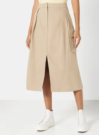 Front Slit Cargo Midi Skirt Beige 