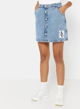 Button Through Utility Denim Skirt Blue 