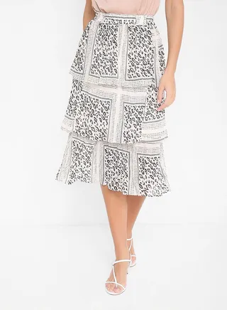 Patterned Tiered Mid-Rise Skirt White/Black 