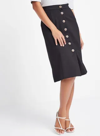 Button Through A-Line Midi Skirt Black 