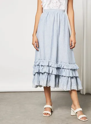 Ruffle Detail Midi Skirt Light Blue 