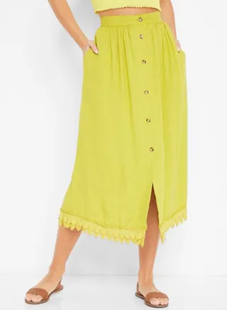 Regular Fit Lace Buttoned Midi Skirt Green 