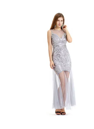 Long Vestido Beaded Sequin Dress Silver 