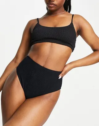 New Look textured high waist bikini bottom in black