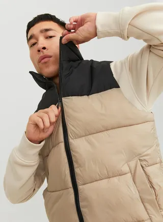 Color Block High Neck Puffer Jacket With Pocket 