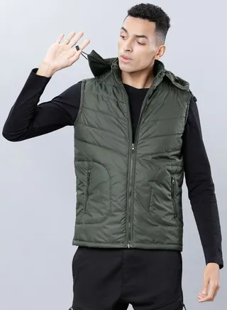 Solid Hooded Sleeveless Puffer Jacket