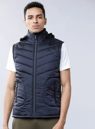 Solid Hooded Sleeveless Puffer Jacket