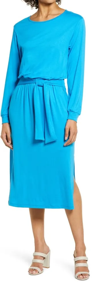 Tie Waist Long Sleeve Midi Dress