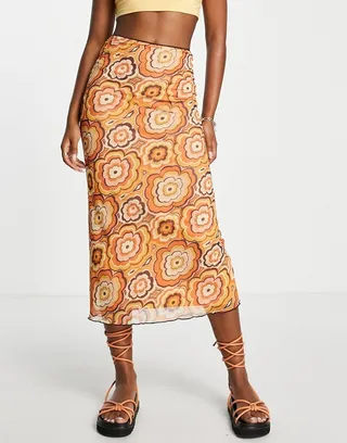 Neon Rose midi skirt with lettuce hem in 70s floral mesh - part of a set