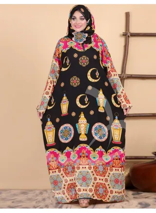 Cotton Viscose Praying Dress With Attached Veil And Inner Belt Decorated with Graphics 