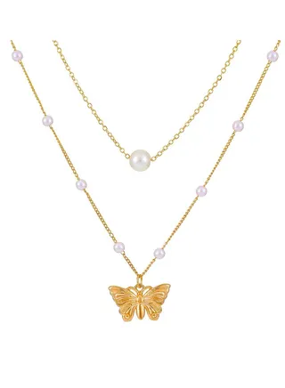 Tiered Butterfly Tassel Necklace in Titanium Steel 