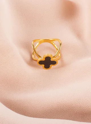 Stainless Steel Golden Ring Black Clover Leaf Size 7/17 