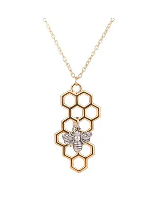 Hexagonal Honeycomb and Bee Metal Necklace 