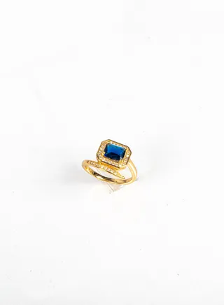 Chinese Gold RQ Zirconic & Crystal Blue Stone Ring US Size 9, Premium Quality & Against Color Change 