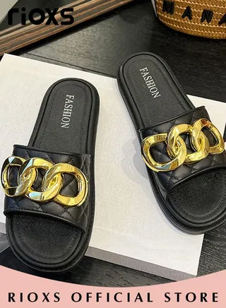 Womens Metallic Chains Flat Sandals Soft Sole Open Toe Slippers Non-Slip Beach Sandals For Indoor And Outdoor Wear 