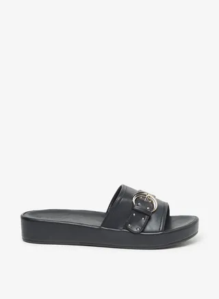 Womens Buckle Embellished Slide Sandals 