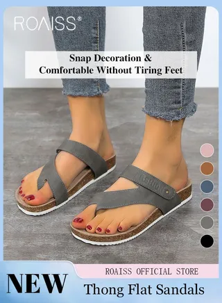 Women Toe Clip Flat Sandals Comfortable and Versatile Solid Color Slides Strappy Design to Enhance Leg Lines Button Decorations for a Stylish and Eye Catching Look Women Casual and Comfortable Sandals 