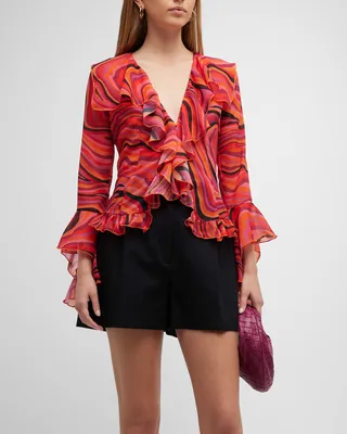 Alisha Flutter-Sleeve Printed Frill Top