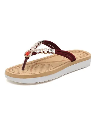 Beaded Rhinestone Slip On Slide Red/Beige 