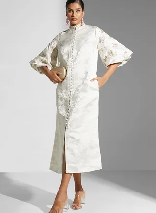 Balloon Sleeve Button Detail Dress