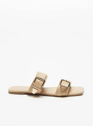 Womens Textured Slip-On Dual Strap Slide Sandals with Buckle Accent 