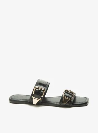 Womens Textured Slip-On Dual Strap Slide Sandals with Buckle Accent 