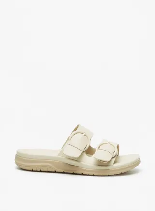 Womens Solid Slip-On Strap Sandals with Buckle Accent 