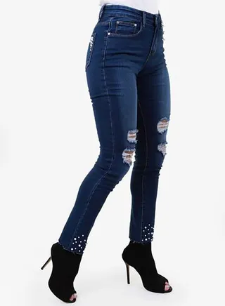 Pearl Studded Slashed Knees Jeans Blue 