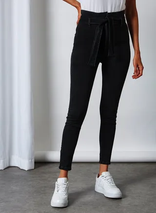 High Waist Belted Skinny Jeans Black 