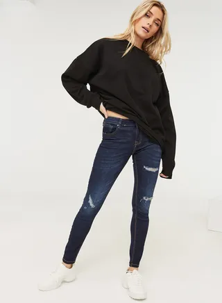 Ripped Detail Skinny Fit Jeans Dark Blue 