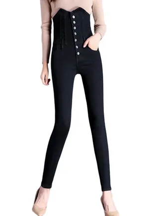 High Waist Buttons Frayed Skinny Denim Jeans Pant Black 