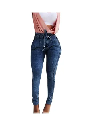 Belted High Waist Skinny Jeans Dark Blue 