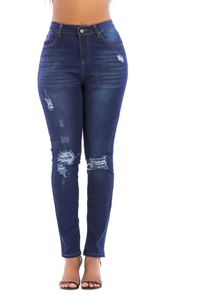 Plus Size Jeans Solid Hollow Out Casual Jeans Blue 