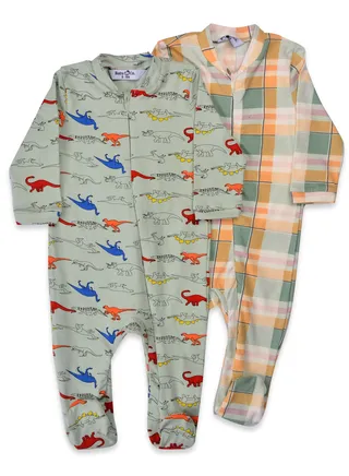 Mint Dinos & Mint Printed Soft Cotton Bodysuits With Ice Caps (2 Pack) 