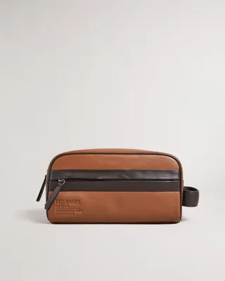 Branded Leather Washbag in Dark Tan