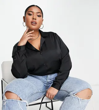 ASOS DESIGN Curve relaxed satin long sleeve shirt bodysuit in black