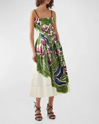 Paradiso Cinched Floral Linen-Blend Midi Dress