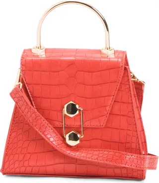 Matte Croco Embossed Trapezoid Flap Over Crossbody