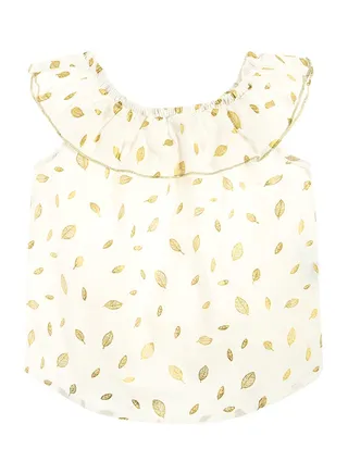 Girls Leaf Print Ruffle Top White/Yellow 